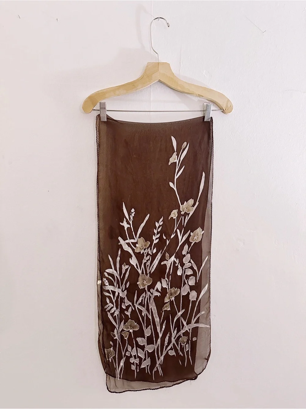 Vintage Silk Flocked Velvet Brown Floral Scarf Shawl